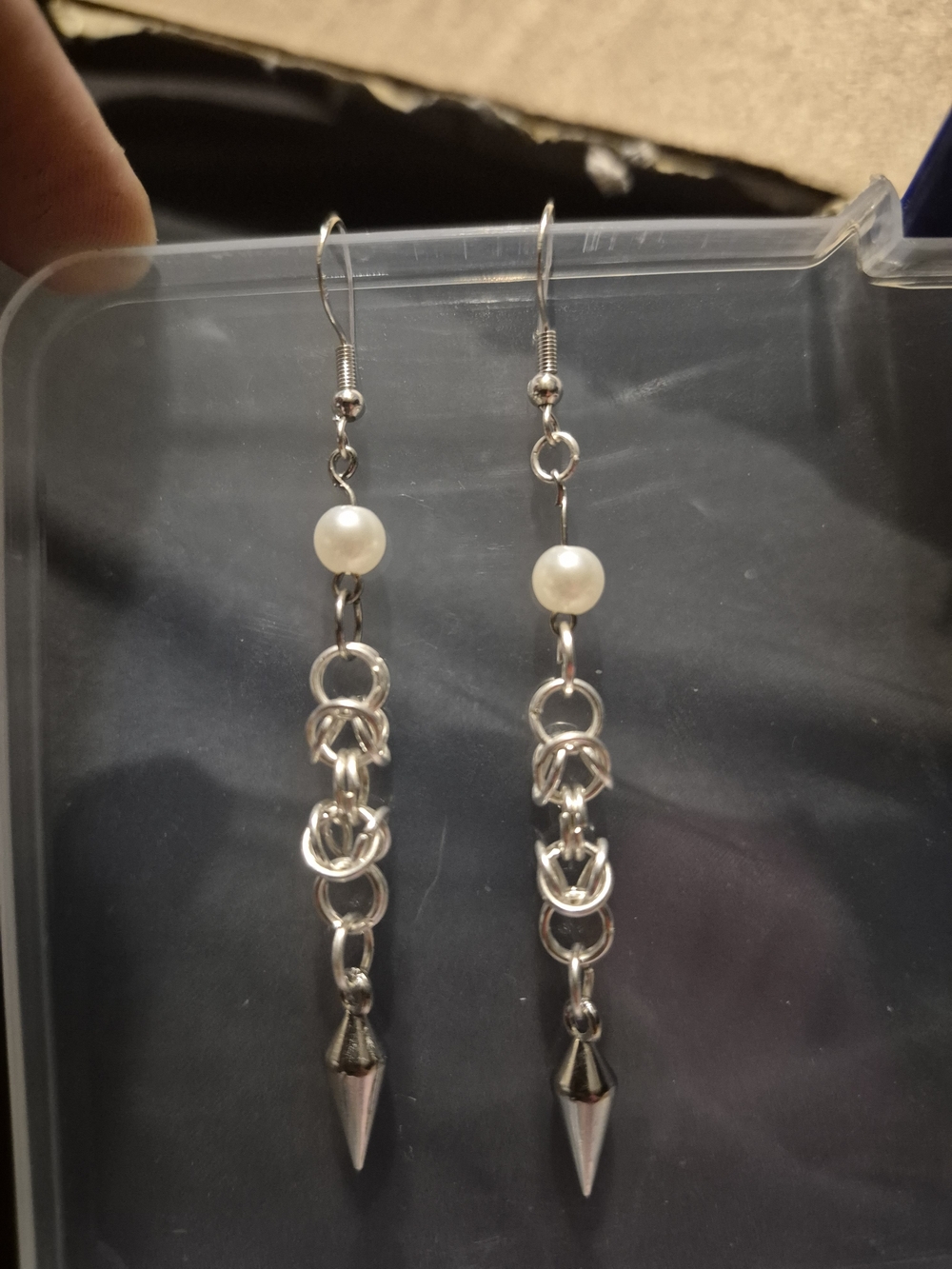 Silver Pearl Drop Chainmaille Earrings